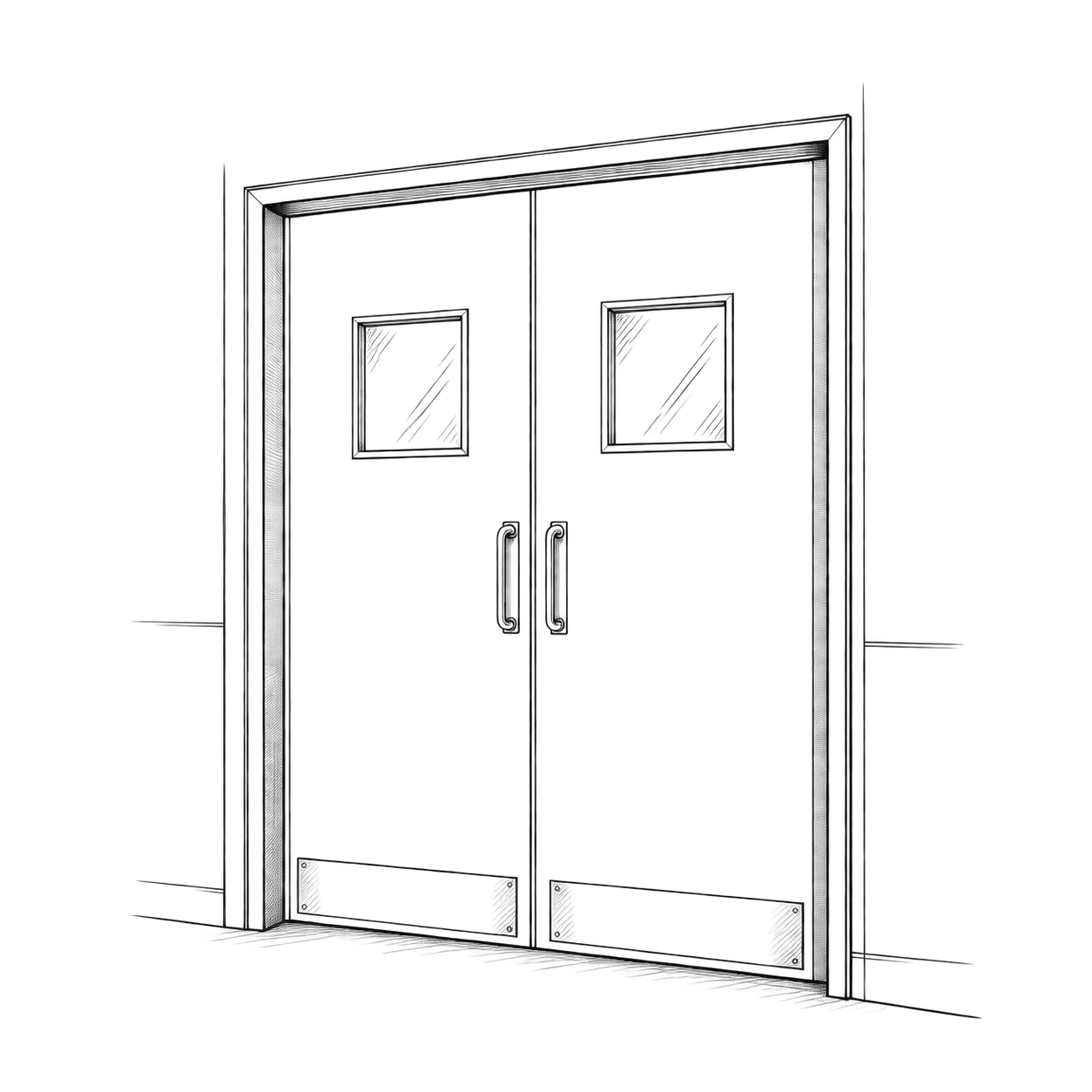 A pair of closed double doors in a clinic corridor, drawn in outline.